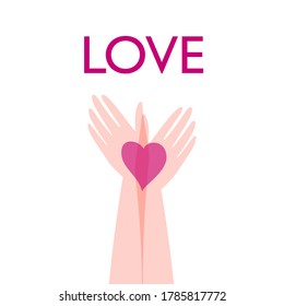 Hands together hold the heart. Wedding love symbol, Valentine's Day. Invitation, greeting card, banner, logo.