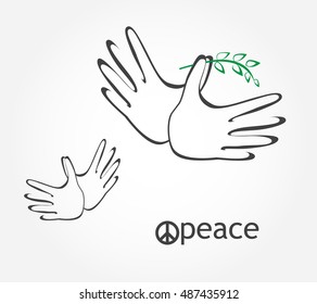 Hands together making dove icon vector. Peace symbol concept. Bird made by Adult and child hands illustration.