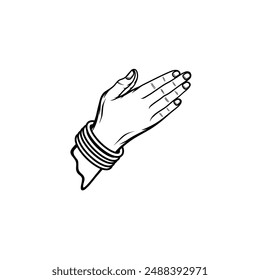 Hands together in a namaste gesture wearing a black and white side view bracelet line art vector