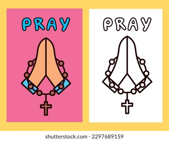 hands together praying with rosary coloring book page .vector illustration