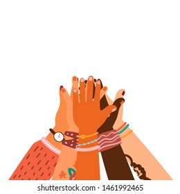 Hands together - set of different races raised up hands. The concept of education, business training, volunteering charity, party.