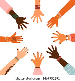 Hands together - set of different races raised up hands. The concept of education, business training, volunteering charity, party.