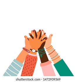 Hands together - set of different races raised up hands. The concept of education, business training, volunteering charity, party.