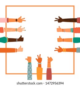 Hands together - set of different races raised up hands. The concept of education, business training, volunteering charity, party.