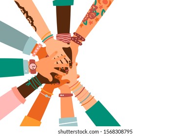 Hands together - set of different races raised up hands. The concept of education, business training, volunteering charity, party.