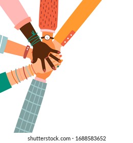 Hands together - set of different races raised up hands. The concept of education, business training, volunteering charity, party.