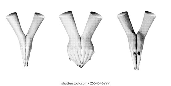 Hands together, sign, gesture with two arms, isolated on white background, set.. Halftone dotted retro style vector