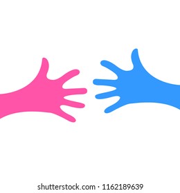 Hands together stretch towards each other. Pink and blue on a white background.