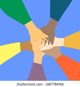 Hands together. Symbol of teamwork, partnership, agreement, social community and unity. Teamwork and cooperation concept.