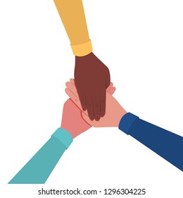Hands together. Symbol of teamwork and unity. People putting their hands together. Top view. Vector flat illustration