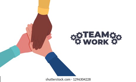 Hands together. Symbol of teamwork and unity. People putting their hands together. Top view. Vector flat illustration