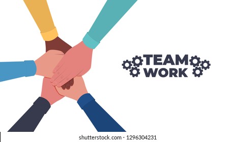 Hands together. Symbol of teamwork and unity. People putting their hands together. Top view. Vector flat illustration