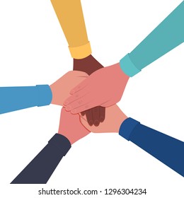 Hands together. Symbol of teamwork and unity. People putting their hands together. Top view. Vector flat illustration