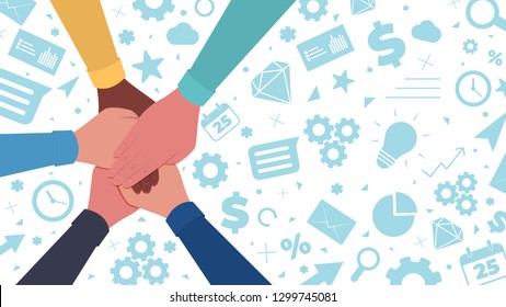Hands together. Symbol of teamwork and unity. People putting their hands together on a icons background. Top view. Vector flat illustration