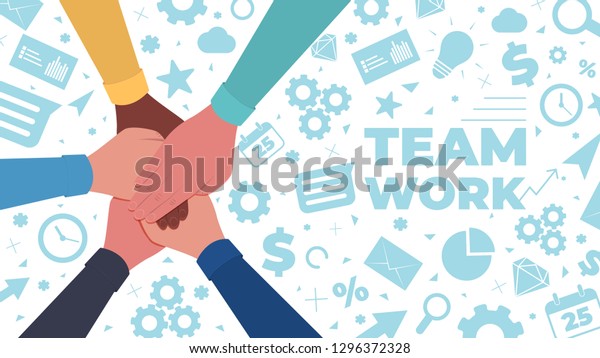 手を合わせなさい チームワークと団結の象徴 アイコンの背景に手を組む人 平面図 ベクターフラットイラスト のベクター画像素材 ロイヤリティフリー