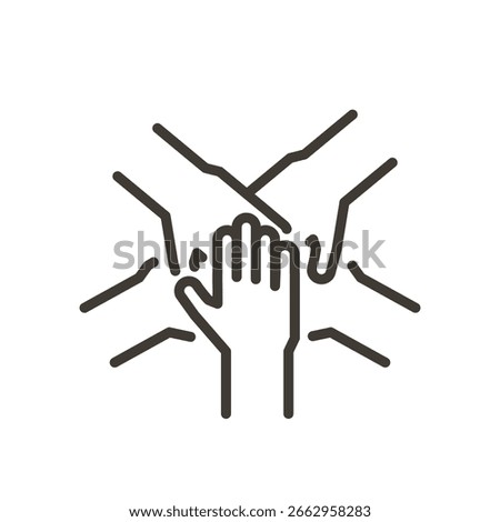 Hands together in team gesture icon. Unity, collaboration, support. Vector thin line illustration. editable stroke.