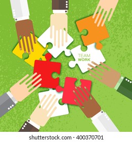 Hands together team work. Hands of different colors, cultural and ethnic diversity. Business matching. Connecting white puzzle elements. Make a puzzle on green background. Vector illustration