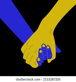Hands together Ukrainian colors. Support Ukraine. Blue yellow flat hands, stop war in Ukraine. Vector illustration