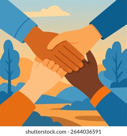Hands Together in Unity – Team and Diversity Illustration