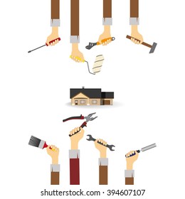 Hands with tools. Icon of house on a white background. Home repairs. Vector illustration