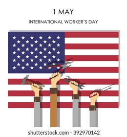 Hands with tools on the background of the USA flag . Flat style. Vector illustration 