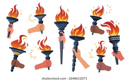 Hands with torches set. Pack of multiethnic arms with torches. Fire and flame. Symbol of olympic games. Championship and event. Flat vector collection isolated on white background
