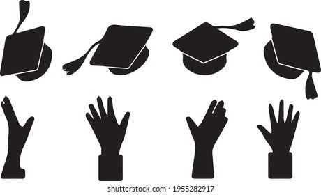 Hands Tossing Alumni Caps. Vector Graphics Related To School, Studies, Colleges