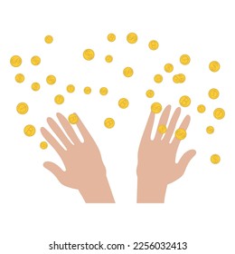 Hands tossing a handful of coins. Dollar, euro, bitcoin coins. financial abundance