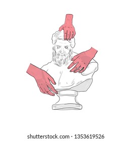 Hands touch marble statue. Contemporary collage. Antique sculpture of man. Human hands in different poses. 