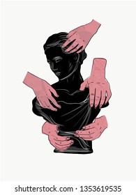 Hands touch marble statue. Contemporary collage. Antique sculpture of woman. Human hands in different poses. 