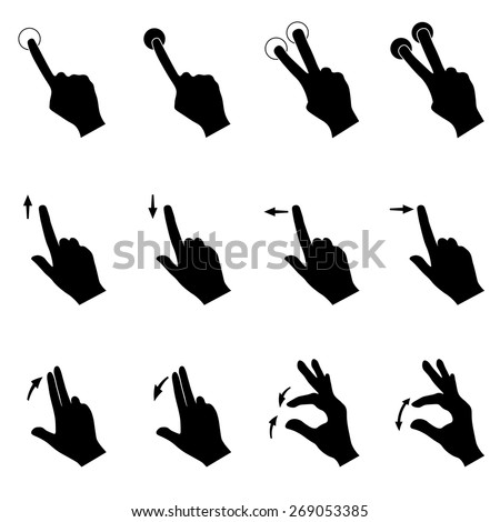 Hands touch pad gestures icons, black