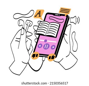 Las manos tocan el smartphone. Personaje escuchando audiolibro. Tecnologías modernas y mundo digital. Amor por la literatura y la biblioteca electrónica. Etiqueta de los medios sociales. Dibujo vectorial plano de dibujos animados