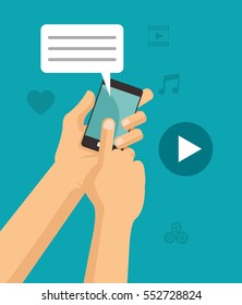 hands touch smartphone chat play video