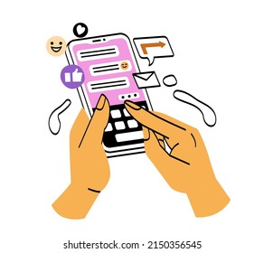 Hands touch smartphone. Communication on Internet, social networks and messengers. Online chatting, applications and programs. Modern technologies and digital world. Cartoon flat vector illustration