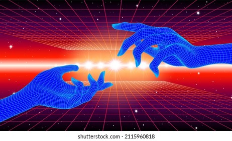Manos tocando el concepto ciberpunk con estilo neón y cuadrícula de los 80. Ilustración de ondas sintéticas o vaporolas con conexión humana y máquina.