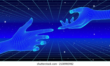 Hands Touching In Cyberpunk Concept With 80s Neon And Grid Style. Synthwave Or Vaporwave Illustration With Human And Machine Connection