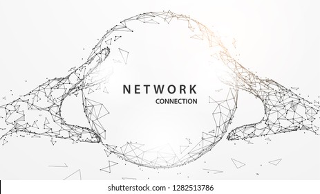 Hands touching digital global form lines, triangles and particle style design. Illustration vector