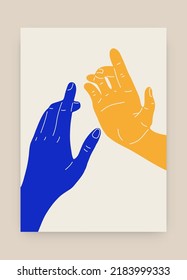 Hands touching each other Ukrainian colors. Modern Matisse inspired art print of blue yellow flat hands. Support Ukraine. Vector illustration