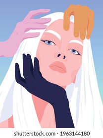 Hands touching face of woman with white hair vector illustration