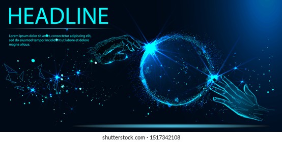 Hands touching global connection concept. Futuristic technology. Triangles and particle style design. Polygon vector wireframe concept. Headline