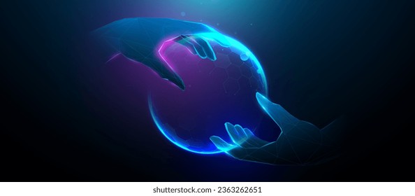 Hands and touching the global connection concept. Futuristic technology. Lines, triangles, and particle style design. Illustration vector