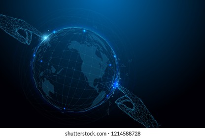 Manos tocando las líneas de forma globo, triángulos y diseño de estilo de partículas. Vector de ilustración