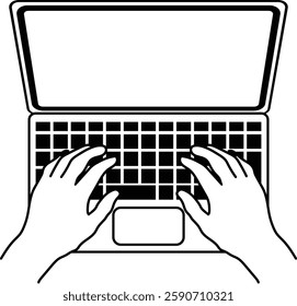 Hands touching a laptop computer, top view