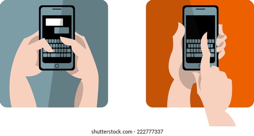 Hands touching mobile smart phone. Vector illustration
