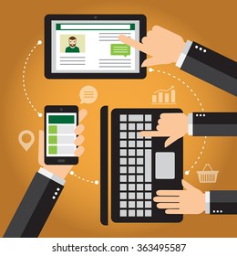 Hands touching one smart-phone mobile, one tablet and one computer. Conceptual illustration about communication.