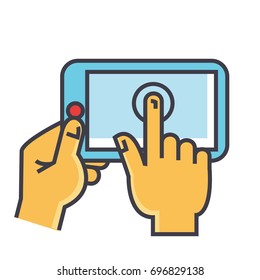 Hands touching tablet concept. Line vector icon. Editable stroke. Flat linear illustration isolated on white background
