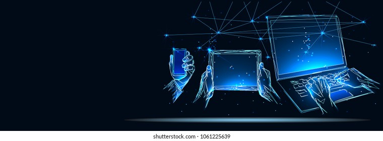 Hands touching tablet pc, smart phone and laptop, social media concept. Low poly vector illustration. Business and technology concept