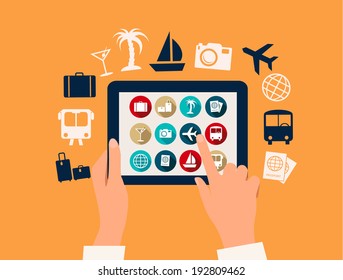 Hands touching a tablet with vacation and travel icons. Vector. 