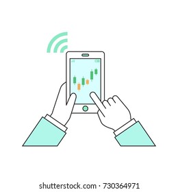 hands touching tablet vector line, sign, illustration on background, editable strokes