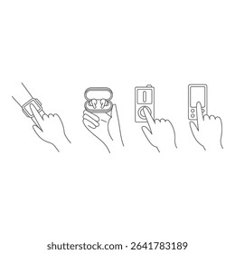 Hands touching various electronic devices isolated on white background